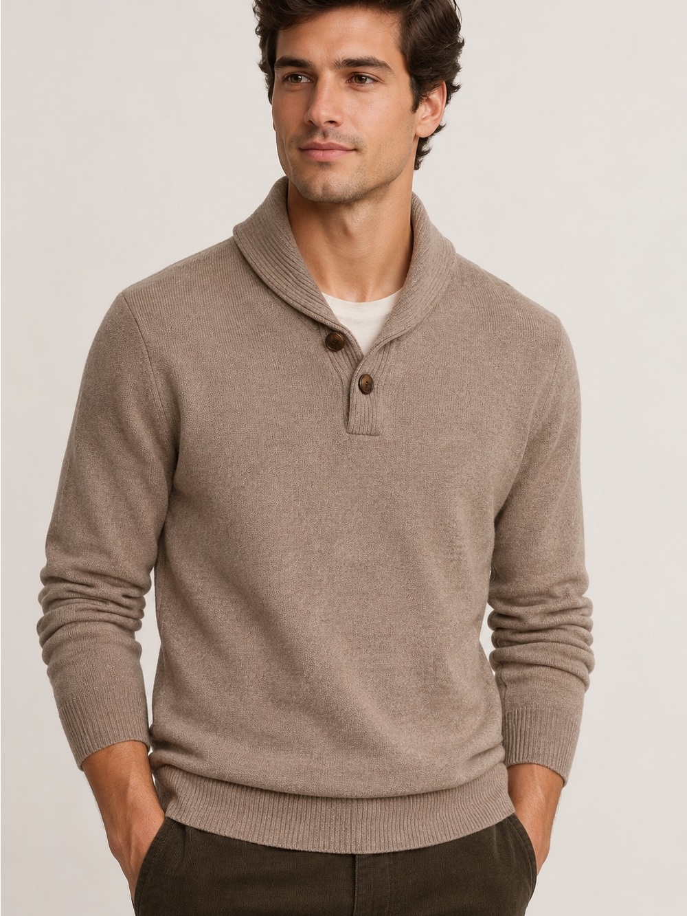 J.Crew Men’s Lambswool Blend Shawl Collar Sweater Taupe Brown 2 Button Preppy M